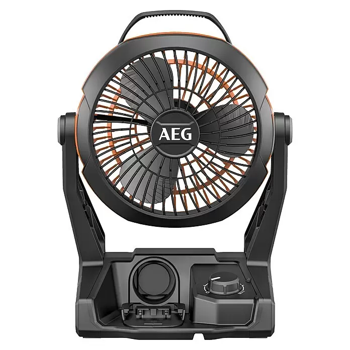AEG Pro 18V Akku-Ventilator BAF 18 - 18 V, Ohne Akku, 900 m³/h - Schwarzer und orangefarbener tragbarer Ventilator mit einstellbarem Geschwindigkeitsregler und Tragegriff.