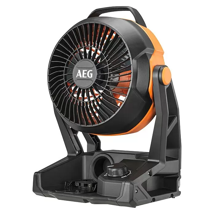 AEG Pro 18V Akku-Ventilator BAF 18 - 18 V, Ohne Akku, 900 m³/h - Schwarz-orangener tragbarer Ventilator mit AEG-Logo, Tragegriff und Geschwindigkeitsregler.