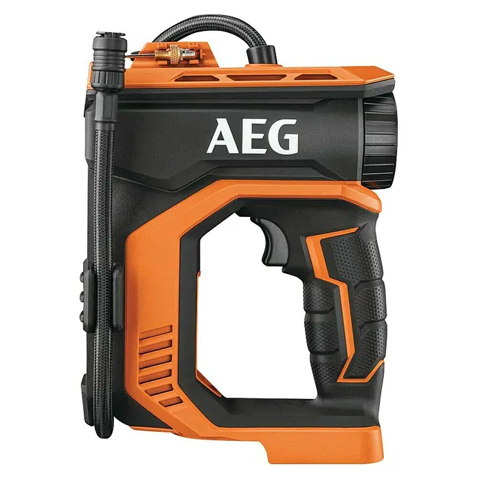 AEG Pro 18V Akku-Kompressor BK 18C - 18 V, Ohne Akku, 10,3 bar - Abbildung einer AEG-Akku-Luftpumpe in Schwarz und Orange. Kompaktes, tragbares Design für schnelles Aufpumpen von Reifen und kleinen Luftmatratzen.