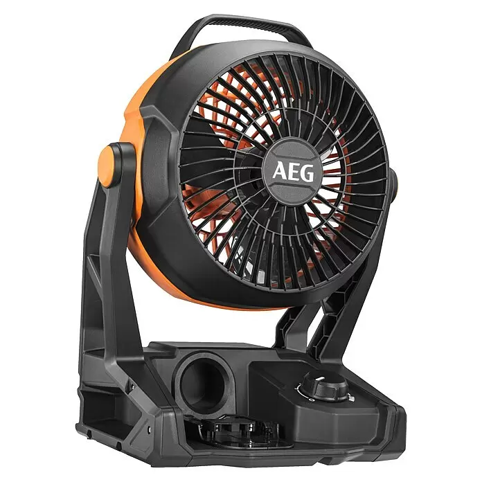 AEG Pro 18V Akku-Ventilator BAF 18 - 18 V, Ohne Akku, 900 m³/h - Tragbarer AEG Ventilator in Schwarz-Orange mit verstellbarem Ständer, Tragegriff und Geschwindigkeitsregler.