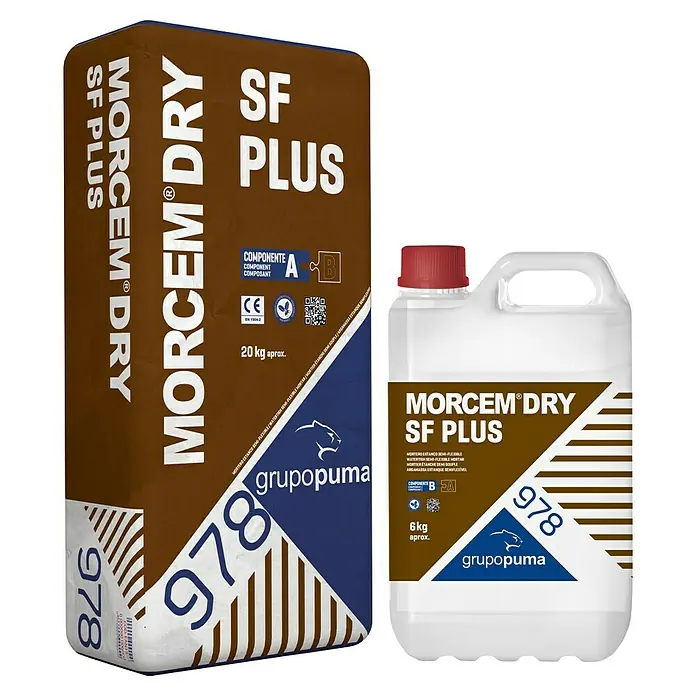 Grupo Puma Mortero de impermeabilización Morcem Dry SF Plus - Masa neta: 20 kg, 1 mm - Imagen del producto Morcem Dry SF Plus, mostrando un componente en polvo y un componente líquido, ideal para proyectos de construcción.