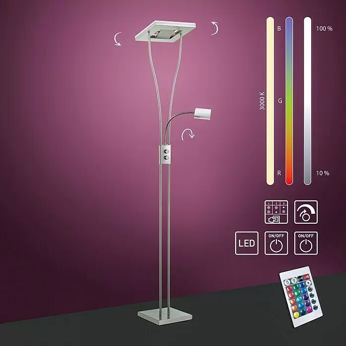 Just Light LED-Stehleuchte Helia - 26 W, Höhe: 196 cm, Stahl, RGBW - Silberne LED-Stehlampe mit Deckenfluter, flexibler Leselampe und Fernbedienung für RGB-Farbwechsel und Dimmfunktion.