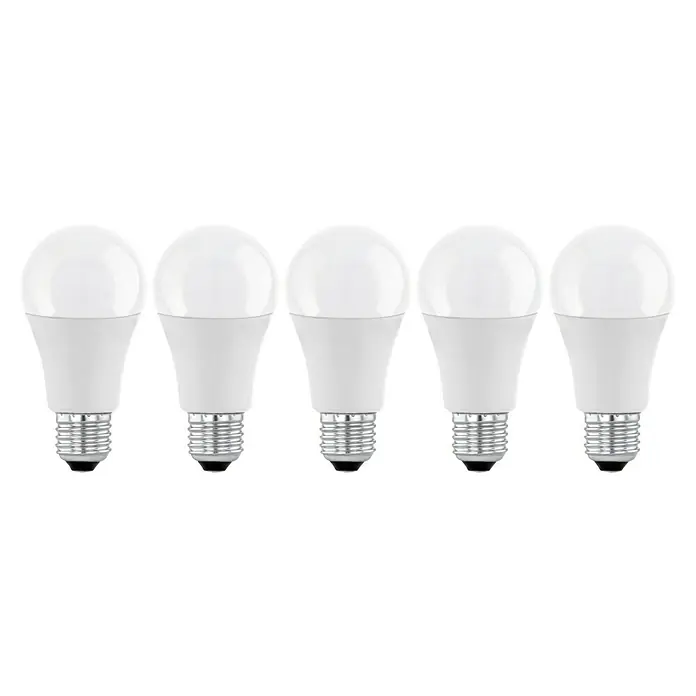 Eglo LED-Lampen Set 5er Set - E27, Nicht Dimmbar, Warmweiß, 806 lm, 8,5 W - Fünf weiße LED-Glühbirnen sind aufgereiht, die eine energieeffiziente Beleuchtungslösung für moderne Haushalte darstellen.\n