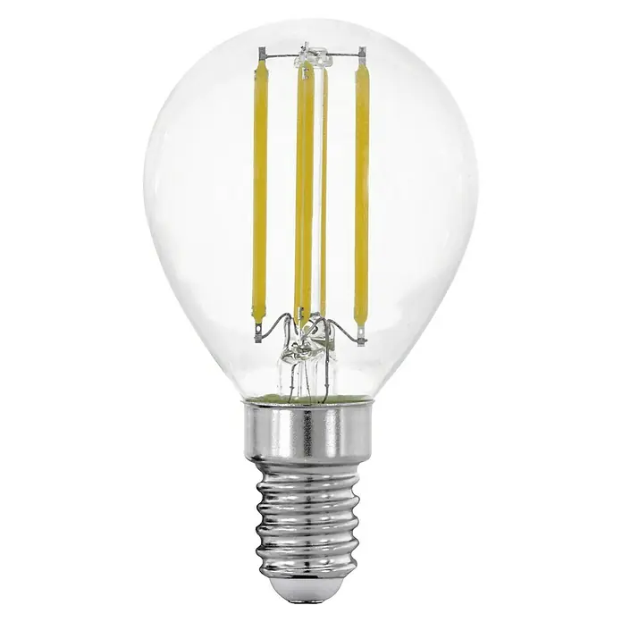Eglo LED-Lampen Set - E14, Nicht Dimmbar, Warmweiß, 806 lm, 7 W, 3 Stk. - Nahaufnahme einer LED-Glühbirne mit klarem Glaskörper und vier gelben Filamenten, die modernes Design und Energieeffizienz vereint.
