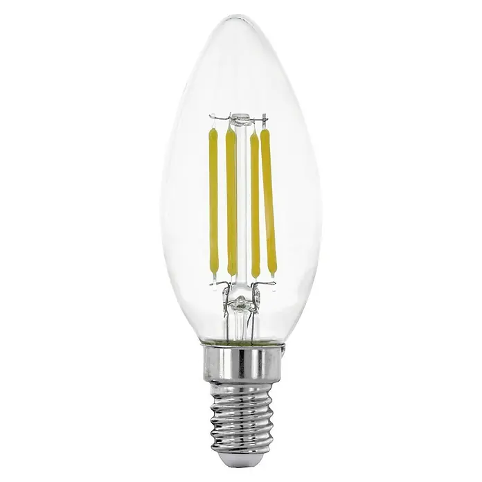 Eglo LED-Lampen Set 3er Set - E14, Nicht Dimmbar, Warmweiß, 806 lm, 7 W, 3 Stk., Kerze - Nahaufnahme einer E14 LED-Filamentlampe im Kerzendesign. Die Lampe ist klar und zeigt die gelben Filamente im Inneren.