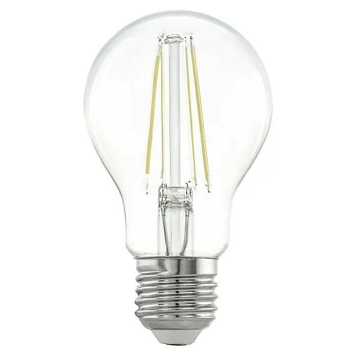 Eglo LED-Lampen Set 3er Set - E27, Warmweiß, 7 W, 3 Stk., Weiß - Nahaufnahme einer klaren LED-Glühbirne mit einem silbernen Sockel auf schwarzem Hintergrund.