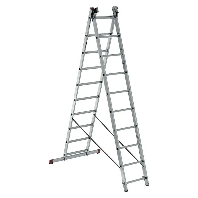 Krause Corda Mehrzweckleiter - Anzahl Tritte: 30 Stk., Arbeitshöhe: 7 m, Belastbarkeit: 150 kg, Aluminium, Treppengängig - Bild einer Aluminium-Doppelleiter mit mehreren Sprossen. Die Leiter steht auf einem schwarzen Hintergrund und ist für Arbeiten in der Höhe konzipiert.