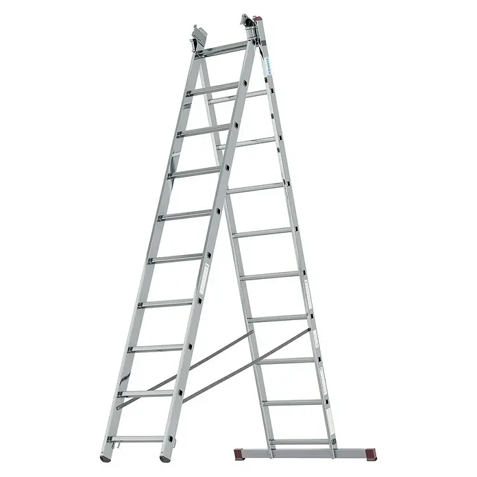Krause Corda Mehrzweckleiter - Anzahl Tritte: 30 Stk., Arbeitshöhe: 7 m, Belastbarkeit: 150 kg, Aluminium, Treppengängig - Das Bild zeigt eine silberne Klappleiter. Die Leiter ist freistehend und hat Sprossen auf beiden Seiten. Die Marke Krause ist deutlich erkennbar.