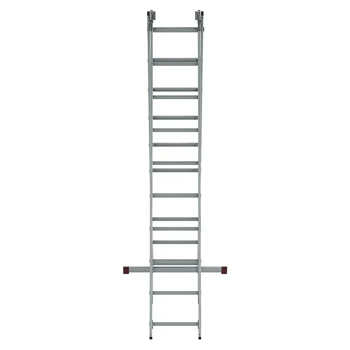 Krause Corda Mehrzweckleiter - Anzahl Tritte: 30 Stk., Arbeitshöhe: 7 m, Belastbarkeit: 150 kg, Aluminium, Treppengängig - Abbildung einer Dachbodentreppe aus Metall mit einem Griff, der zum sicheren Aufstieg dient. Die Leiter verfügt über breite Stufen.