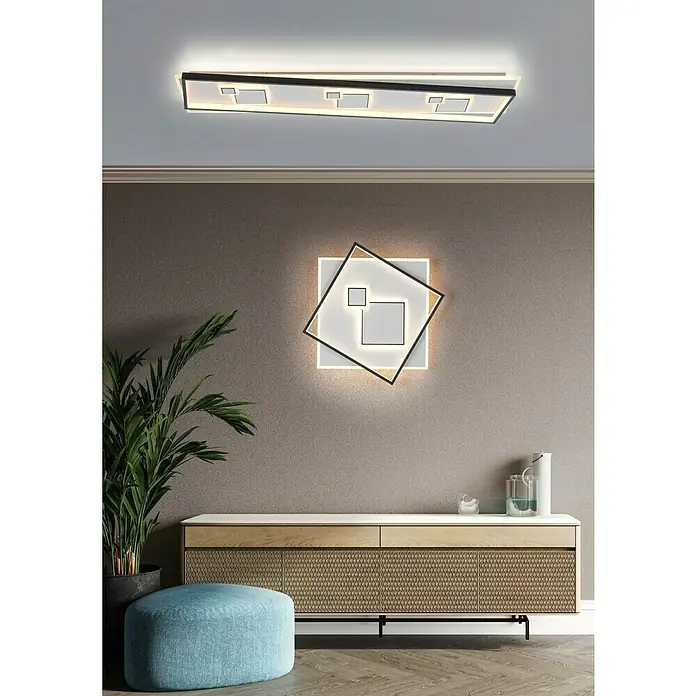 Paul Neuhaus LED-Deckenleuchte MAILAK - 39 W, L x B x H: 97,5 x 30 x 5,5 cm, Weiß, Warmweiß - Moderne Raumbeleuchtung mit einer rechteckigen Deckenleuchte und einer quadratischen Wandleuchte, die ein stilvolles Ambiente schaffen.