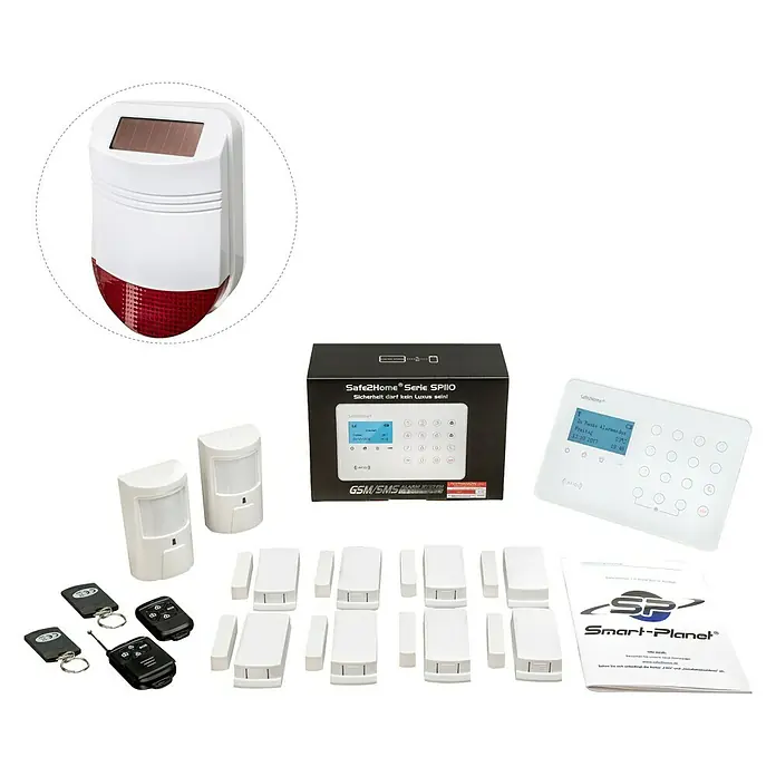 Safe2Home Alarmanlagen-Set SP110 Komplett - Mit Solar-Außensirene, L x B x H: 195 x 136 x 31 mm - Alarmanlage mit Solar-Sirene, Bewegungsmeldern, Fernbedienungen, Tür-/Fenstersensoren, Steuergerät und Bedienungsanleitung für umfassenden Schutz.