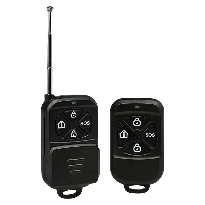 Safe2Home Alarmanlagen-Set SP110 Komplett - Mit Solar-Außensirene, L x B x H: 195 x 136 x 31 mm - Schwarze Alarmanlagen-Fernbedienung mit vier Tasten und ausziehbarer Antenne zur sicheren Steuerung des Sicherheitssystems.