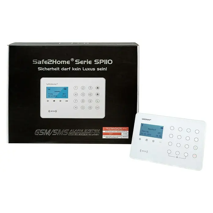 Safe2Home Alarmanlagen-Set SP110 Komplett - Mit Solar-Außensirene, L x B x H: 195 x 136 x 31 mm - Safe2Home SPI110 Alarmanlage in Schwarz/Weiß. Einbruchschutz für Ihr Zuhause. Das Set beinhaltet eine Basiseinheit und ein Bedienfeld.