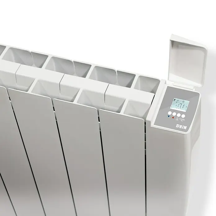HJM Emisor térmico Optima WiFi - 1.500 W, Blanco, 9,5 x 87,5 x 58 cm, Cerámico - Primer plano de un radiador HJM blanco con control digital y tapa abierta, ideal para una calefacción eficiente de la habitación.