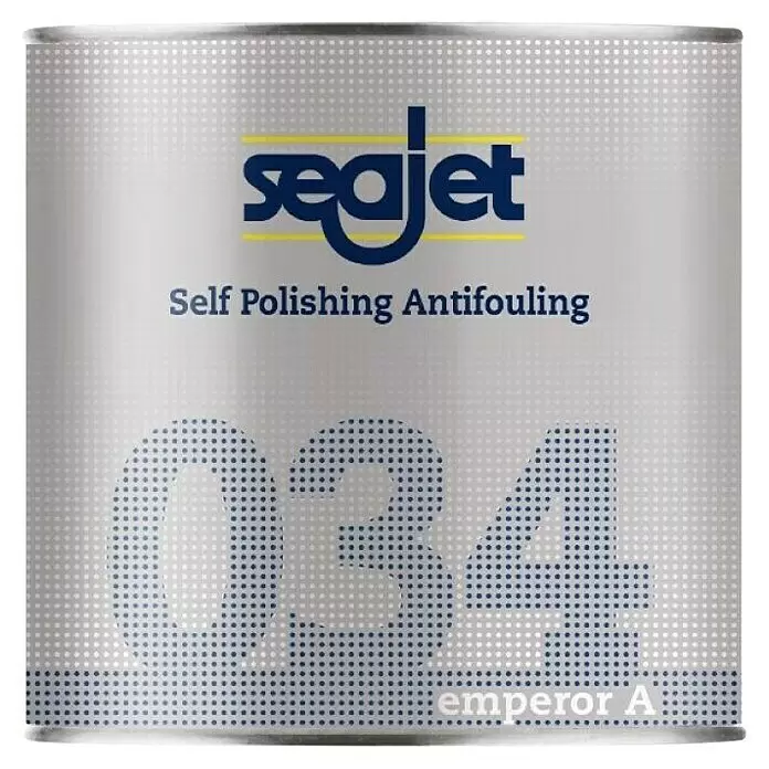 Seajet Selbstpolierendes Antifouling Emperor A - 750 ml, Weiß - Silbergraue Seajet 034 Antifouling-Dose mit blauer Schrift und gelben Akzenten.