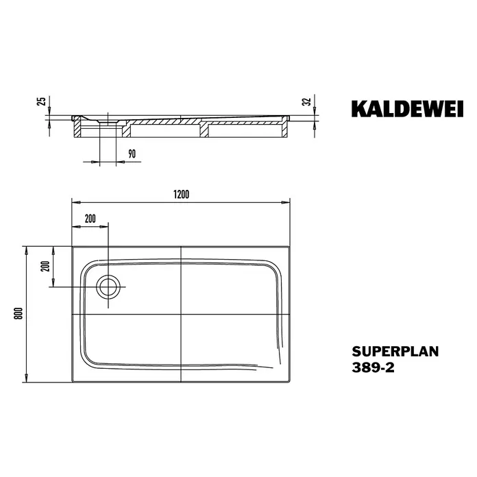 Kaldewei Duschwanne Superplan Classic 389-2 - L x B: 120 x 80 cm, Stahl, Weiß, Wannenträger - Abbildung der Kaldewei Superplan 389-2 Duschwanne mit Maßangaben.