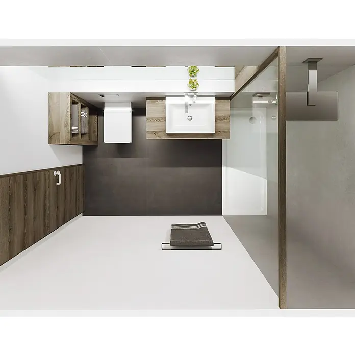 Kaldewei Duschwanne Superplan Classic 389-2 - L x B: 120 x 80 cm, Stahl, Weiß, Wannenträger - Modernes Badezimmer mit Waschbecken, Toilette, Holzelementen und Dusche, präsentiert ein minimalistisches Design mit klaren Linien.