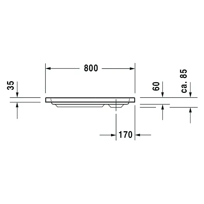 Duravit D-Code Duschwanne - L x B: 80 x 80 cm, Kunststoff, Weiß, Mit Antirutsch-Oberfläche, Quadratisch - Eine technische Zeichnung einer rechteckigen Duschwanne mit den Maßen 800 x 170 mm und einer Höhe von 35 bis ca. 85 mm.
