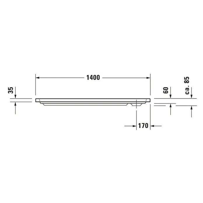 Duravit D-Code Duschwanne - L x B: 140 x 70 cm, Kunststoff, Weiß, Mit Antirutsch-Oberfläche, Rechteckig - Technische Zeichnung einer Duschwanne mit den Maßen 1400 mm Länge, 35 mm Höhe, 60 mm Tiefe und einer Tiefe von ca. 85 mm.