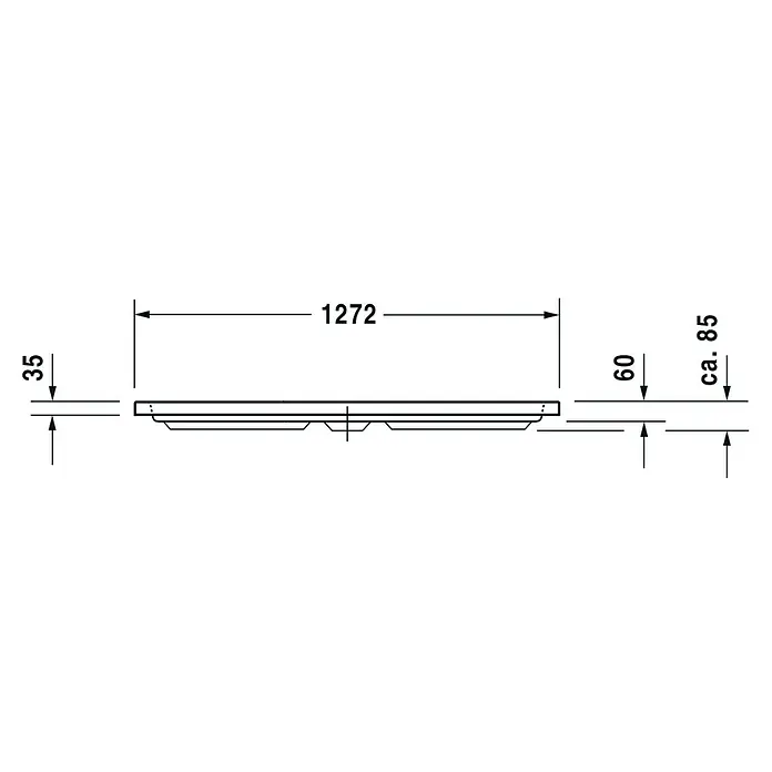 Duravit D-Code Duschwanne - L x B: 90 x 90 cm, Kunststoff, Weiß, Ohne Antirutsch-Oberfläche - Seitenansicht einer rechteckigen Wanne mit Breitenangaben. Eine detaillierte Darstellung der Wannenmaße.