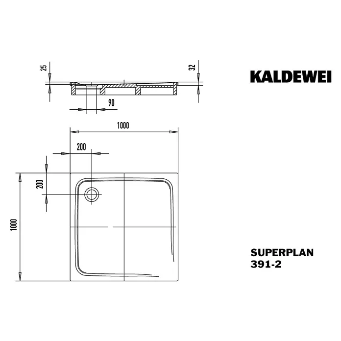 Kaldewei Duschwanne Superplan Classic 391-2 - L x B: 100 x 100 cm, Stahl, Weiß, Wannenträger - Technische Zeichnung der KALDEWEI SUPERPLAN 391-2 Duschwanne mit Maßangaben für Installation und Design. Ideal für Badplanung.