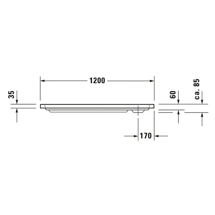 Duravit D-Code Duschwanne - L x B: 120 x 70 cm, Kunststoff, Weiß, Mit Antirutsch-Oberfläche, Rechteckig - Technische Zeichnung eines flachen Produkts mit Maßangaben, die die Gesamtlänge von 1200 und verschiedene Höhen zeigen.