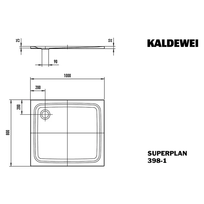 Kaldewei Duschwanne Superplan Classic 398-1 - L x B: 100 x 80 cm, Stahl, Weiß - Abbildung des KALDEWEI SUPERPLAN 398-1, einer flachen Duschwanne mit den Maßen 1000x800 mm und geringer Einbauhöhe für moderne Badezimmer.