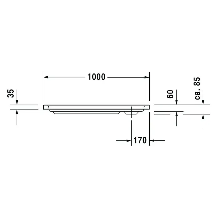 Duravit D-Code Duschwanne - L x B: 100 x 90 cm, Kunststoff, Weiß, Ohne Antirutsch-Oberfläche, Rechteckig - Technische Zeichnung eines Ablagefaches mit den Maßen 1000 x 170 mm, Höhe 35 mm links, 60 mm rechts, ca. 85 mm rechts.
