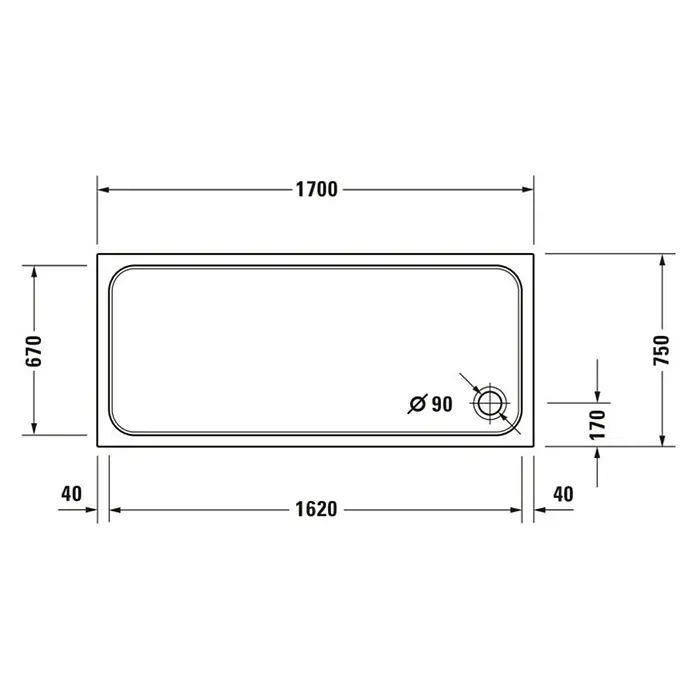 Duravit D-Code Duschwanne - L x B: 170 x 75 cm, Kunststoff, Weiß, Mit Antirutsch-Oberfläche, Rechteckig - Abbildung einer Badewanne mit den Maßen 1700 x 670 mm und einem Durchmesser von 90 mm für den Abfluss.