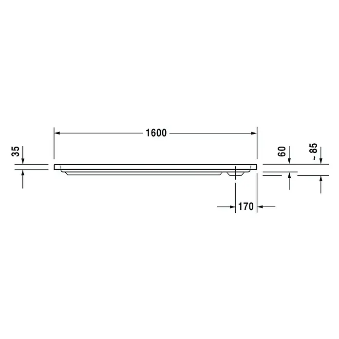 Duravit D-Code Duschwanne - L x B: 160 x 75 cm, Kunststoff, Weiß, Mit Antirutsch-Oberfläche, Rechteckig - Schemazeichnung des Produkts mit den Maßen: 1600 mm Länge, 35 mm Höhe links, 60/85 mm Höhe rechts, 170 mm Tiefe.