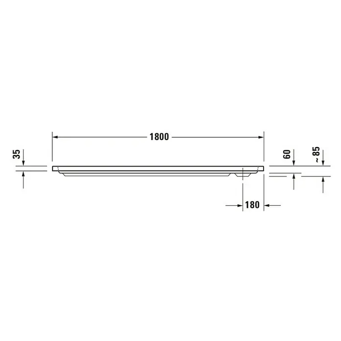 Duravit D-Code Duschwanne - L x B: 180 x 90 cm, Kunststoff, Weiß, Mit Antirutsch-Oberfläche, Rechteckig - Technische Zeichnung einer Duschwanne mit Abmessungen. Die Duschwanne ist 1800 mm lang und 35 mm hoch.