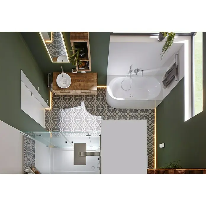 Kaldewei Duschwanne Duschplan 543-2 - L x B: 90 x 75 cm, Stahl, Weiß, Wannenträger - Badezimmer mit stilvoller Einrichtung: Badewanne, Waschtisch mit Spiegel, Dusche und WC auf floral gemusterten Fliesen. Die grüne Wandfarbe sorgt für ein frisches Ambiente.