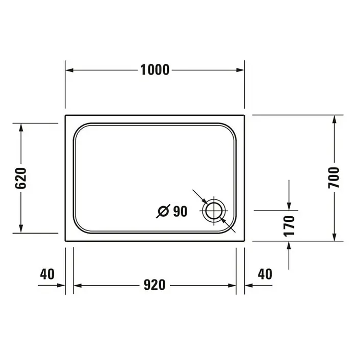 Duravit D-Code Duschwanne - L x B: 100 x 70 cm, Kunststoff, Weiß, Ohne Antirutsch-Oberfläche, Rechteckig - Bild einer Duschwanne mit Maßangaben für Installation und Design, ideal für moderne Badezimmerplanung.