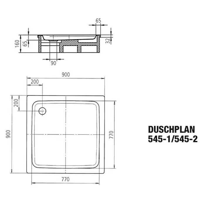 Kaldewei Duschwanne Duschplan 545-2 - L x B: 90 x 90 cm, Stahl, Weiß, Wannenträger - Abbildung einer Duschwanne mit Maßangaben, Modell Duschplan 545-1/545-2, zur Veranschaulichung der Abmessungen und des Designs.