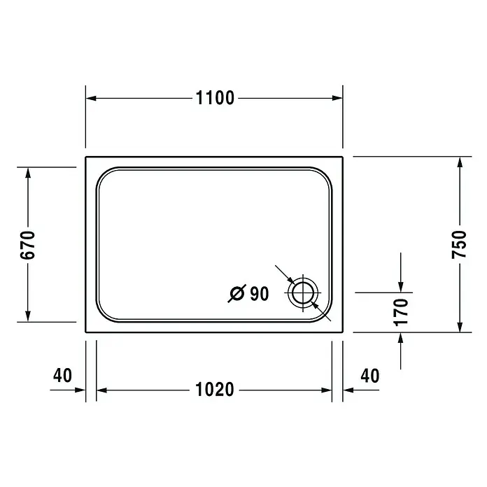 Duravit D-Code Duschwanne - L x B: 110 x 75 cm, Kunststoff, Weiß, Mit Antirutsch-Oberfläche, Rechteckig - Technische Zeichnung einer Duschwanne mit Abmessungen, Durchmesser des Ablaufs beträgt 90 mm.