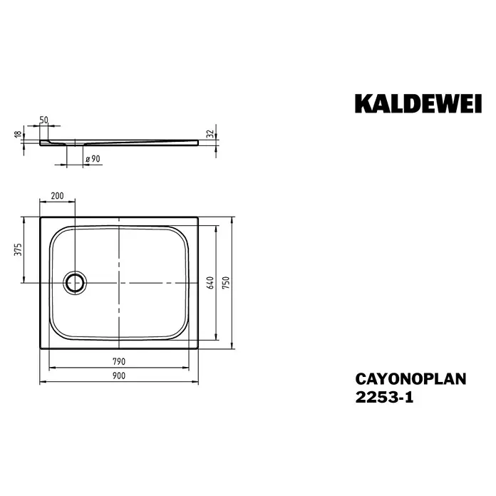 Kaldewei Duschwanne Cayonoplan 2253-1 - L x B: 75 x 90 cm, Stahl, Weiß - Produktzeichnung der Kaldewei CAYONOPLAN Duschfläche 2253-1, die die Abmessungen und Details des Produkts zeigt.