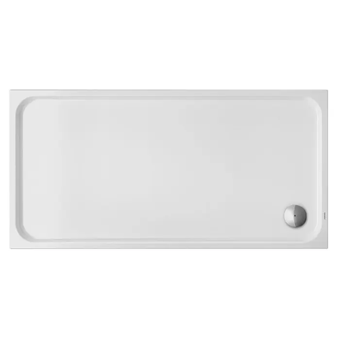 Duravit D-Code Duschwanne - L x B: 180 x 90 cm, Kunststoff, Weiß, Mit Antirutsch-Oberfläche, Rechteckig - Bild einer weißen Duravit Duschwanne mit abgerundeten Ecken und einem Ablass an einer Ecke. Sie ist sauber und modern.