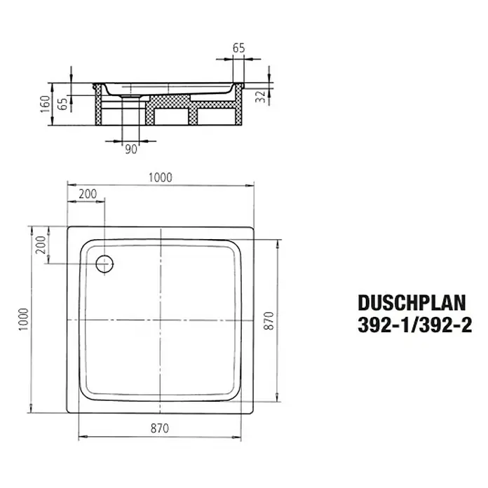 Kaldewei Duschwanne Duschplan 392-1 - L x B: 100 x 100 cm, Stahl, Weiß - Technische Zeichnung der Duschwanne Duschplan 392-1/392-2 mit Maßen für Installation und Design.