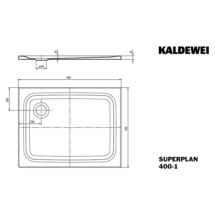 Kaldewei Duschwanne Superplan 400-1 (90 x 70 cm, Ohne Styroporträger, Stahl-Email, Weiß)