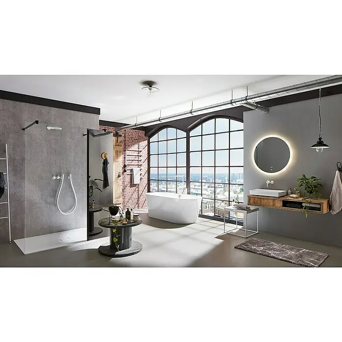 Kaldewei Duschwanne Conoflat - L x B: 130 x 90 cm, Stahl, Weiß - Ein modernes Badezimmer mit ebenerdiger Dusche, freistehender Badewanne, Waschtisch mit Spiegel und Industrie-Elementen.