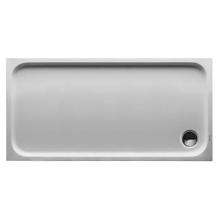 Duravit D-Code Duschwanne - L x B: 140 x 70 cm, Kunststoff, Weiß, Mit Antirutsch-Oberfläche, Rechteckig - Rechteckige, weiße Duschwanne mit abgerundeten Ecken und einem glänzenden Abfluss, ideal für moderne Badezimmerdesigns.