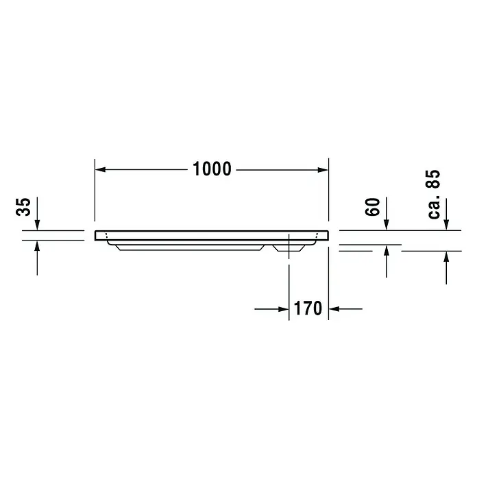 Duravit D-Code Duschwanne - L x B: 100 x 80 cm, Kunststoff, Weiß, Mit Antirutsch-Oberfläche, Rechteckig - Eine technische Zeichnung einer Duschwanne mit den Maßen 1000 mm Länge, 35 mm Höhe, 170 mm Ablaufposition und 60/85 mm Randhöhe.
