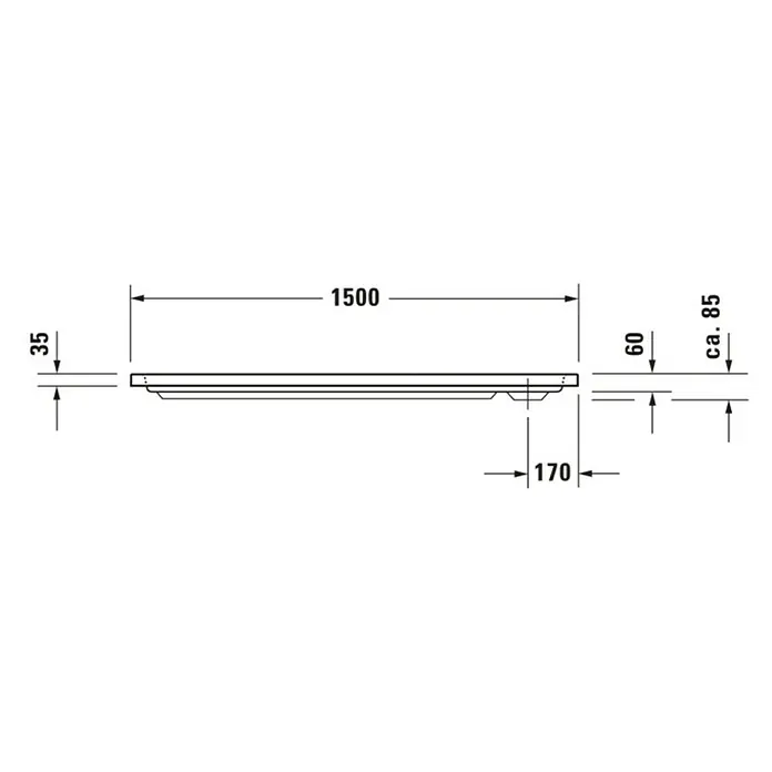 Duravit D-Code Duschwanne - L x B: 150 x 75 cm, Kunststoff, Weiß, Mit Antirutsch-Oberfläche, Rechteckig - Seitenansicht einer flachen Duschwanne mit Bemaßung für Installation, 1500 mm Länge, 35 mm hoch, 170 mm Ablauflänge und 60–85 mm Siphonhöhe.