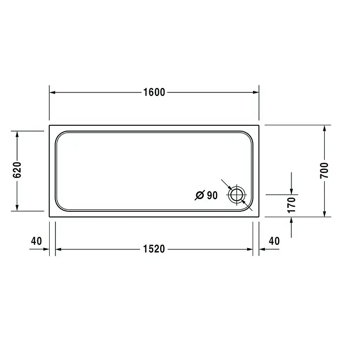Duravit D-Code Duschwanne - L x B: 160 x 70 cm, Kunststoff, Weiß, Mit Antirutsch-Oberfläche, Rechteckig - Technische Zeichnung einer rechteckigen Badewanne mit Abmessungen und Details zum Ablauf.