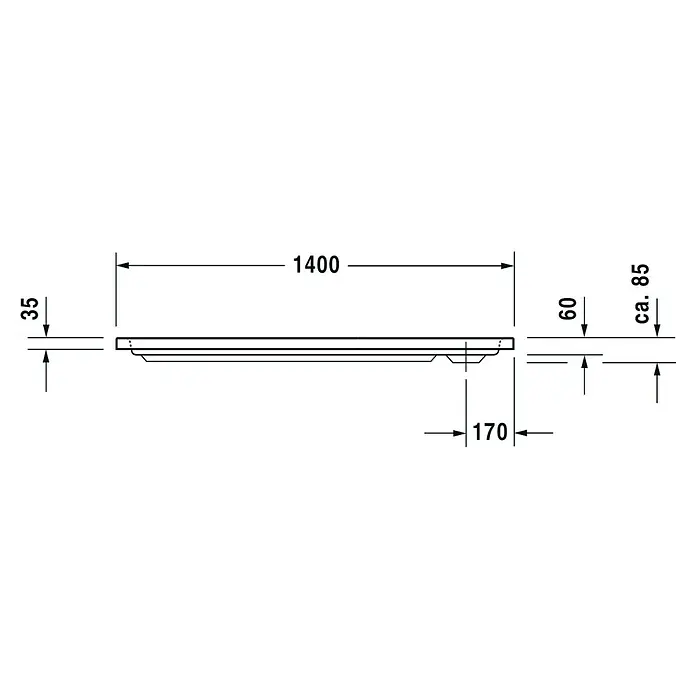 Duravit D-Code Duschwanne - L x B: 140 x 70 cm, Kunststoff, Weiß, Ohne Antirutsch-Oberfläche, Rechteckig - Technische Zeichnung einer Duschwanne mit Maßangaben: 1400 mm Länge, 35 mm Höhe, 170 mm Tiefe, 60 mm und ca. 85 mm Abmessungen.