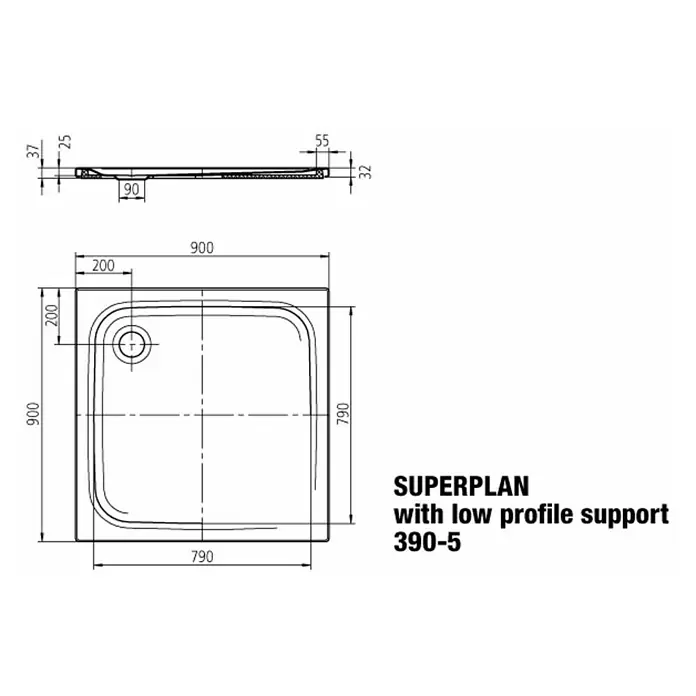 Kaldewei Duschwanne Superplan Classic 390-5 - L x B: 90 x 90 cm, Stahl, Weiß - Technische Zeichnung der SUPERPLAN Duschwanne mit flacher Bauhöhe, Modell 390-5, mit Maßangaben für Installation.