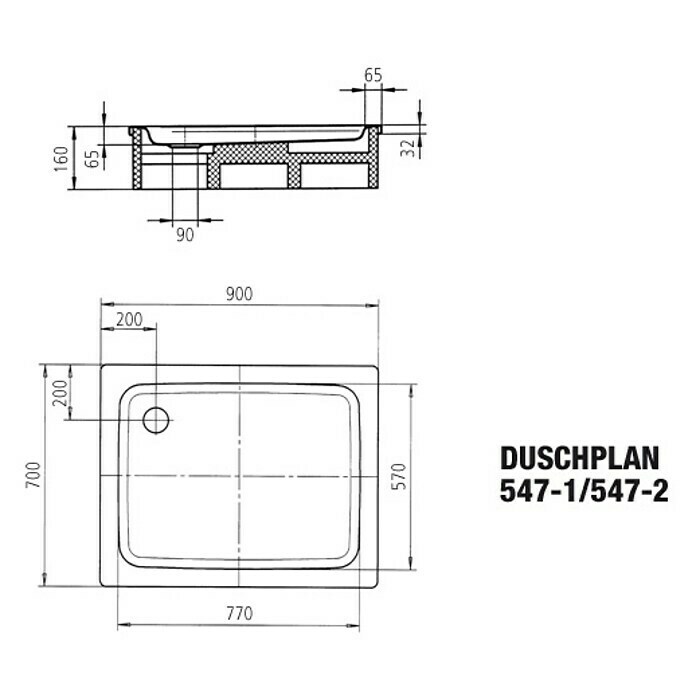 Kaldewei Duschwanne Duschplan 547-2  (90 x 70 cm, Mit Styroporträger, Stahl-Email, Weiß)