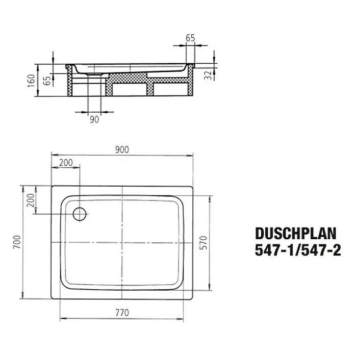 Kaldewei Duschwanne Duschplan 547-2 - L x B: 90 x 70 cm, Stahl, Weiß, Wannenträger - Abbildung eines Duschplans 547-1/547-2 mit Maßangaben, die die Abmessungen und Details des Produkts für die Installation zeigen.