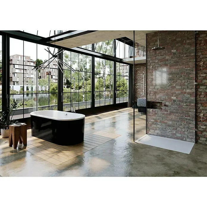 Kaldewei Duschwanne Cayonoplan 2262-1 - L x B: 120 x 80 cm, Stahl, Weiß - Ein luxuriöses Badezimmer mit freistehender Badewanne, verglaster Dusche und Blick auf die Natur bietet ein entspannendes Ambiente.