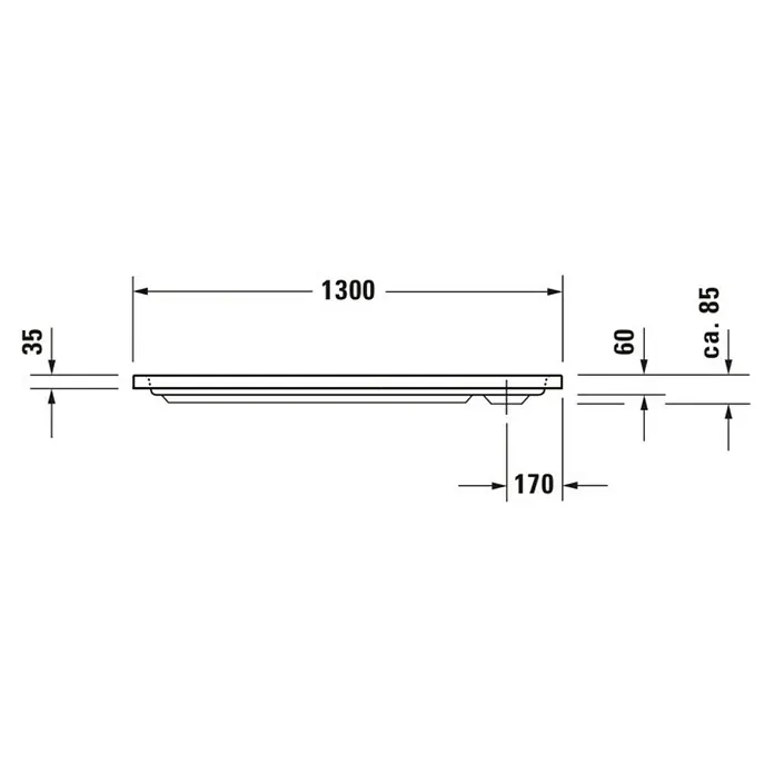 Duravit D-Code Duschwanne - L x B: 130 x 75 cm, Kunststoff, Weiß, Ohne Antirutsch-Oberfläche, Rechteckig - Seitenansicht eines rechteckigen Tabletts mit Maßangaben. Gesamtlänge 1300 mm, Höhe 35 mm. Nützlich für Architekten und Designer.